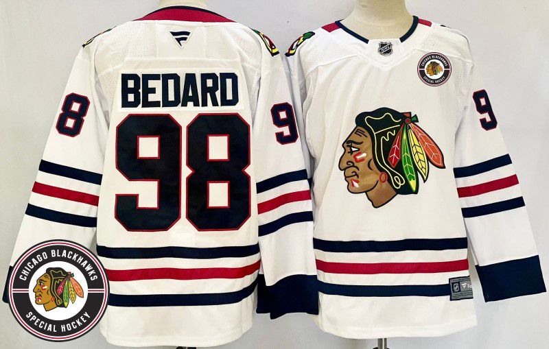 Men Chicago Blackhawks #98 Bedard White Fanatics 2025 NHL Jersey style 3